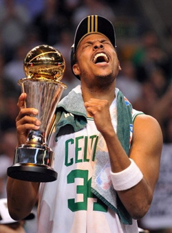 Paul Pierce celebrates Boston's 17th World Championship with the MVP Award.